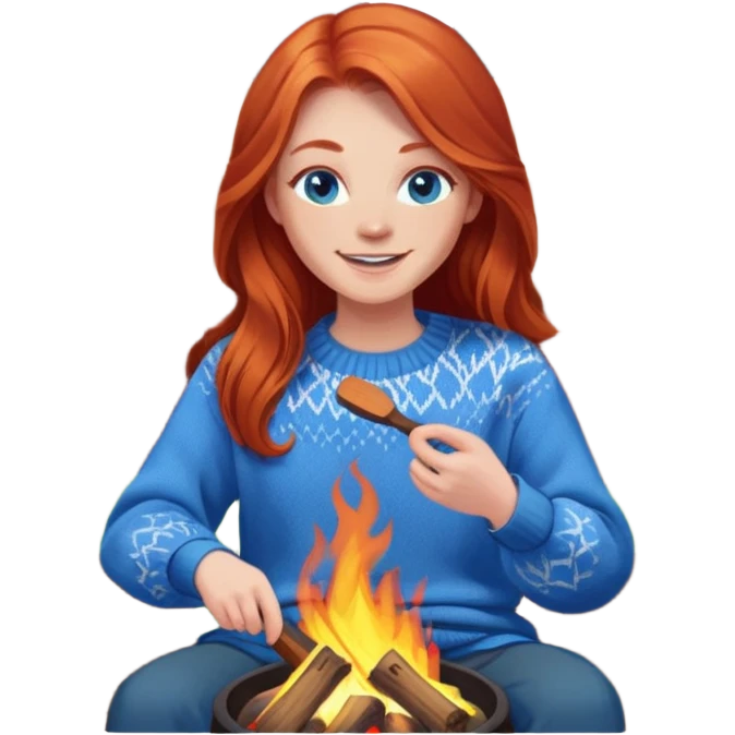 Very Happy redhead with long hair and blue eyes in chair beside fire pit in backyard emoji
