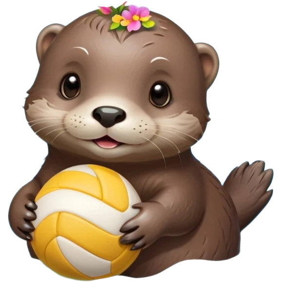 super cute baby otter with a tiny colorful flower on its head, gentle expression and soft rounded eyebrows, floating on clearly visible blue water with waves, baby otter with big sweet eyes holding a volleyball with both small paws above water emoji