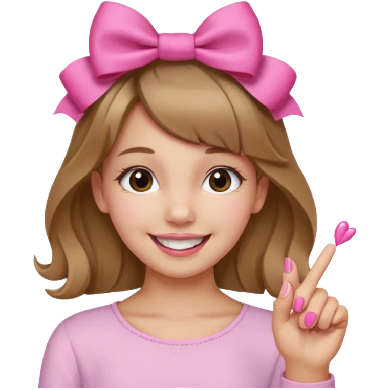 Chica sonriendo con un lazo rosa en la cabeza y mordiendose la punta del dedo indice con delicadeza y la otra mano que no salga emoji