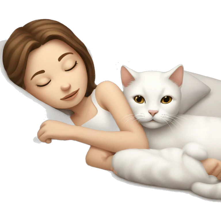 White girl brown hair sleeping with white kitty emoji