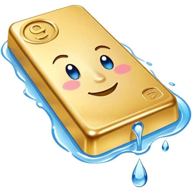Gold bar winking with a small circula puddle of water that is blue underneath it emoji