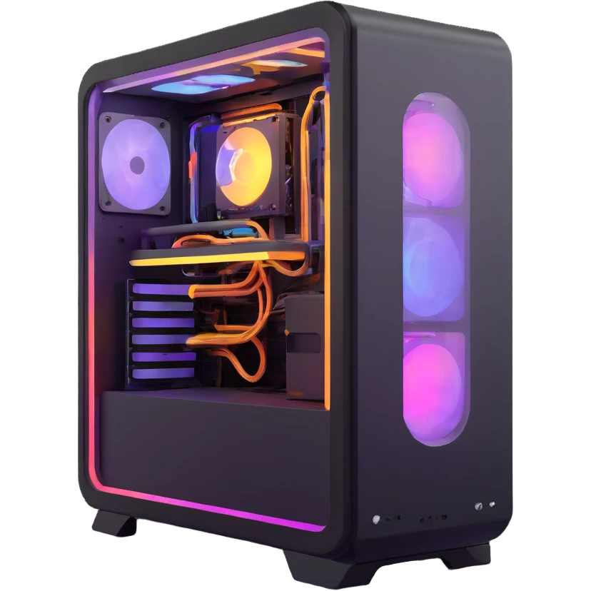 futuristic PC with vibrant light patterns inside glass case emoji