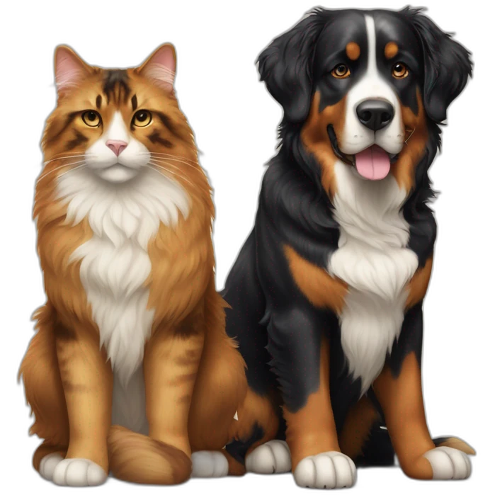 A Bernese dog next to A tortoiseshell cat without white emoji