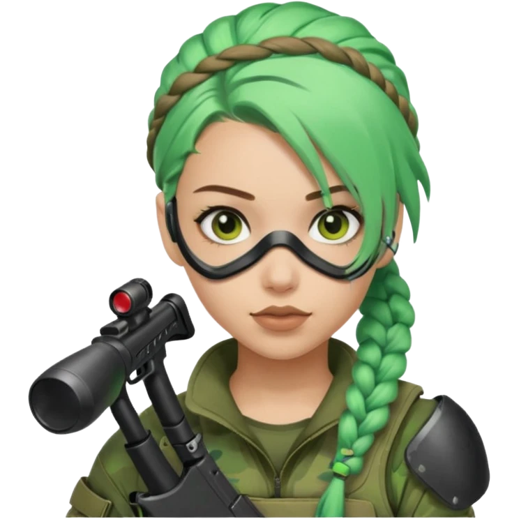 paintball player face girl braided green hair emoji