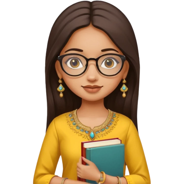a pretty bratz fair indian girl wearing spectacles, jhumkas, kurti yellow, carrying books emoji