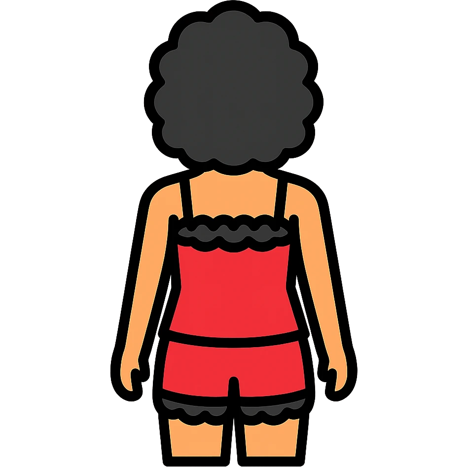 Girl from behind, wearing a red pajama with black and white lace, with curly black hair emoji