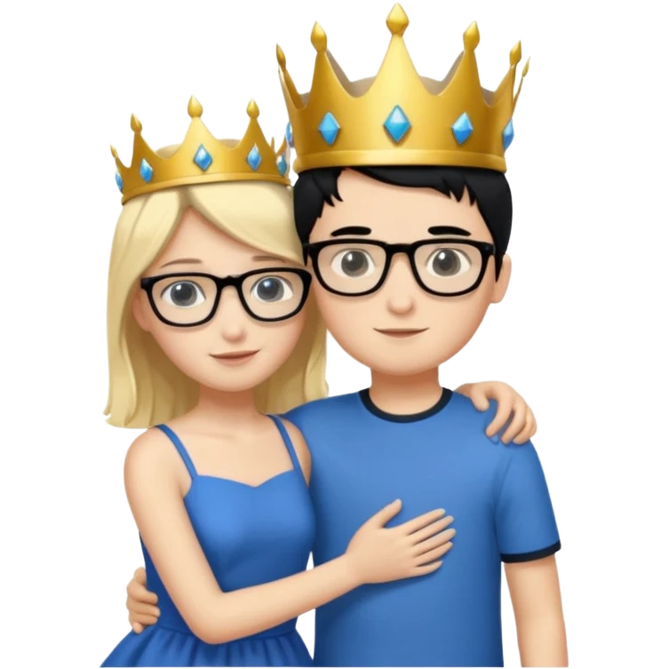 Boy in purple with black glasses and back hair hugging a blonde girl with a blue dress and gold crown emoji