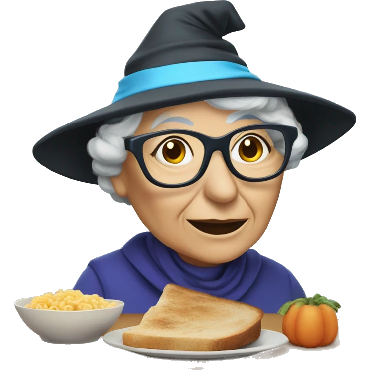 smart granny witch with glasses and blue hat lunching with friends emoji