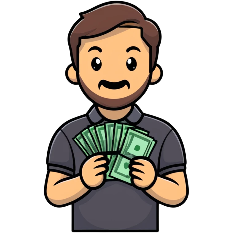 bearded brown-haired man in a polo shirt holding bundles of bills emoji