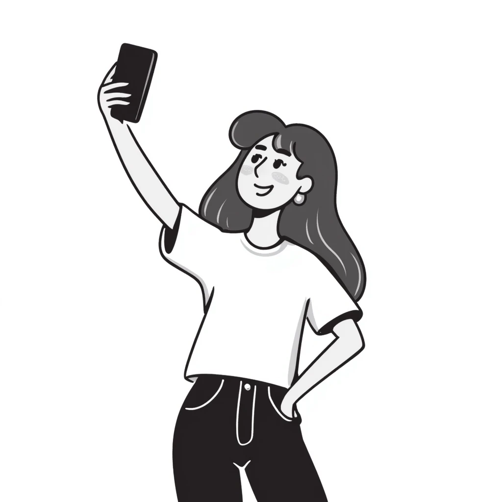 Young woman with long brown hair, casual style, taking a selfie, social media influencer emoji