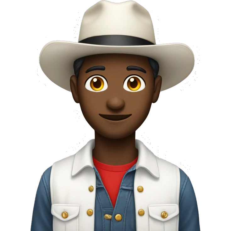 Jovem de terno branco e vermelho e chapéu  emoji