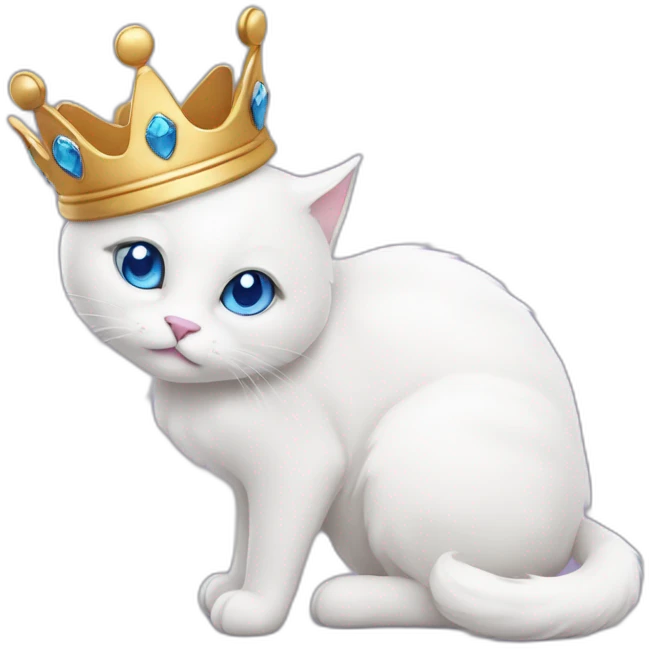 white cat with blue eyes and a crown on its head bites purple heart with its paws emoji