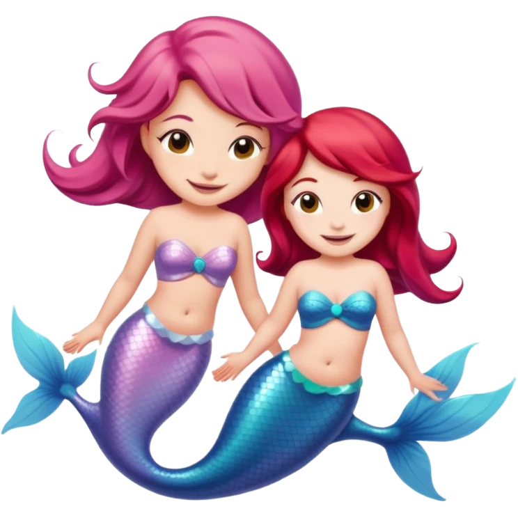 Cute iOS-style emoji of a pastel pink dolphin and a red-haired mermaid, smiling at each other. 
Simple vector emoji design, bold outlines, soft gradients, glossy look, centered, white background. emoji