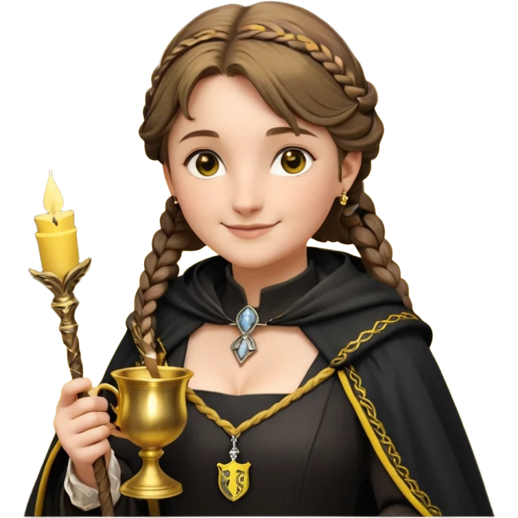 Helga Hufflepuff,the Hogwarts founder of Hufflepuff,brown-haired,2braids,yellow-black medieval dress with black cloak decorated with gold braiding,flickering magic wand and tiny two-handled shiny gold cup engraved with the badger silhouette,very kind smile,curvy busty sweet emoji
