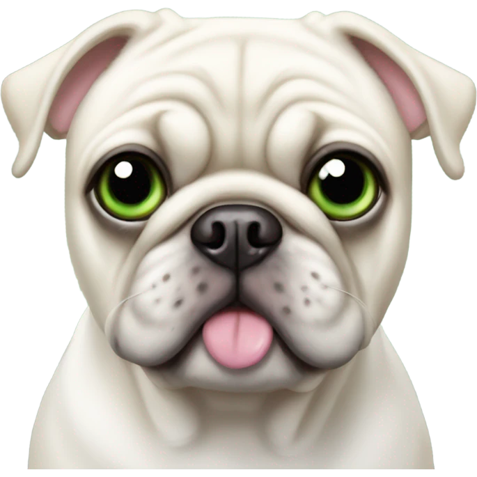 all white pug with white bows on ears, green eyes, pink nose emoji