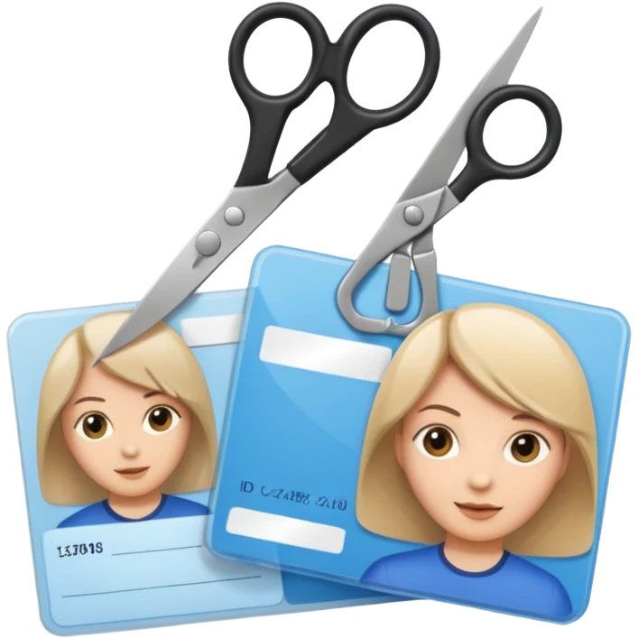 Scissors cutting ID card in 2 parts. Realistic emoji