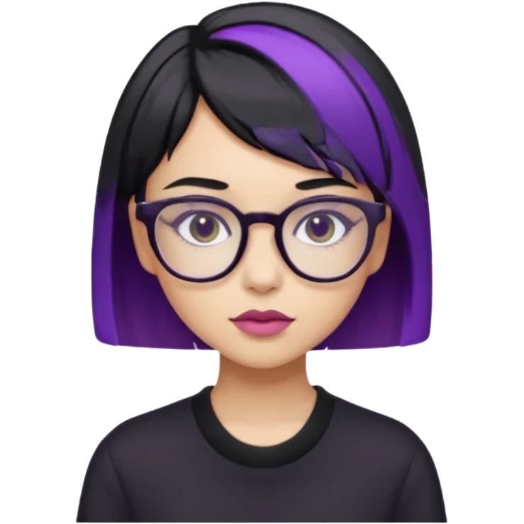 chica bonita con ligero cabello negro con rayas moradas que llega hasta los hombros con lentes cuadrados de estatura pequeña con ropa negra emoji