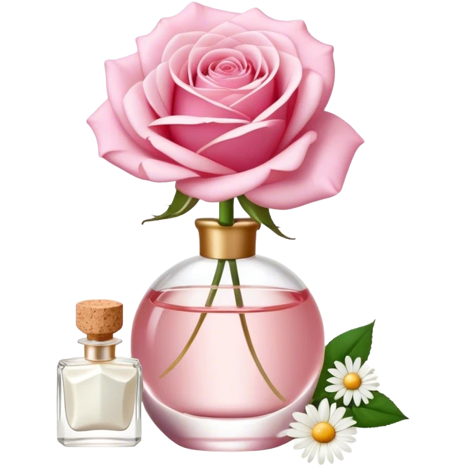 a beautiful aesthetic single rose in white and pink with an ivory bow and a pearl white perfume bottle with a white daisy on the cork emoji