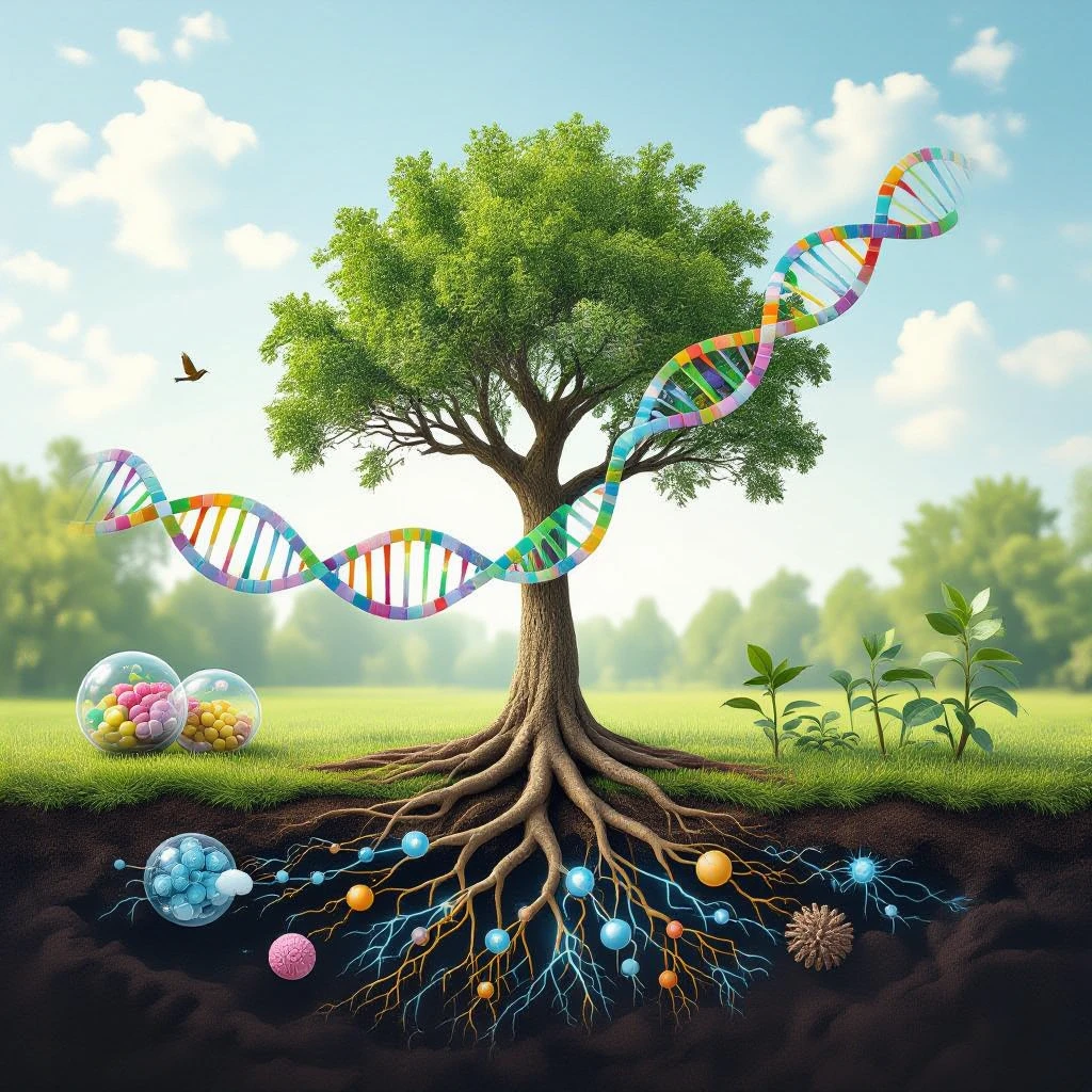 A realistic biological illustration showing: DNA strands transitioning into a tree, cells with visible organelles, neurons connected to plant roots  and a balanced ecosystem background . Seamless integration, no labels or borders. Scientific color scheme, detailed but minimalist. emoji