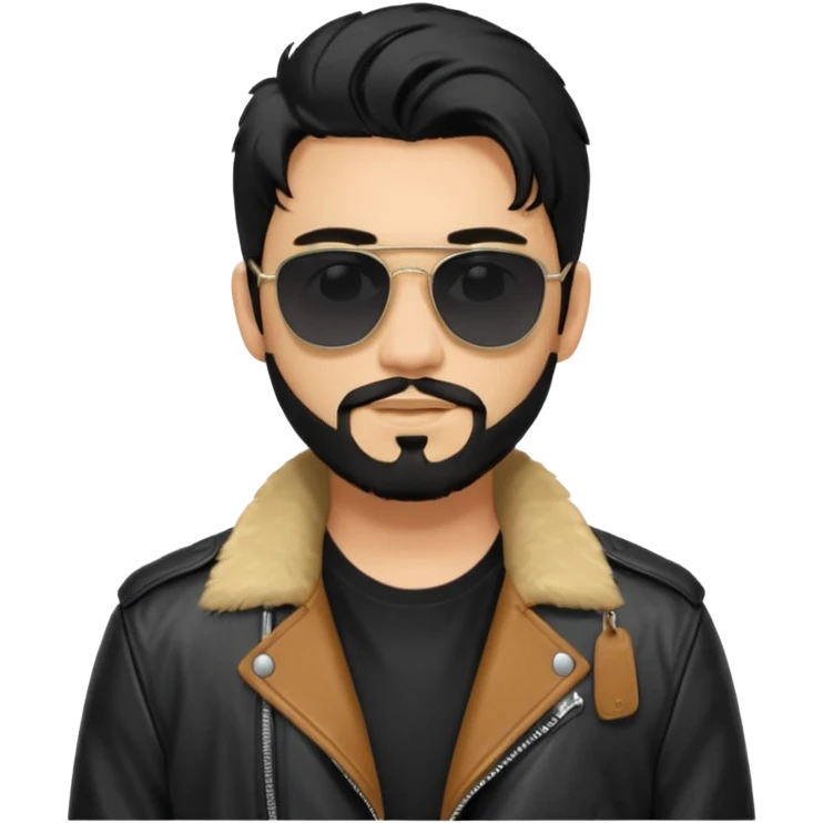 generate an ios genmoji of a 20 year old tan boy with black sunglasses, long black hair till his shoulders. Wearing a leather jacket. Has a dyed blonde beard emoji