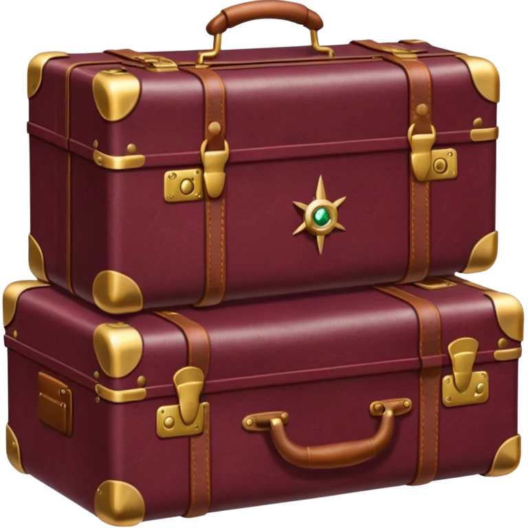burgundy travel suitcase with multi-colored stamps on it and a gold compass emoji