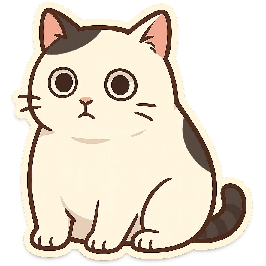 A fat cow cat sitting with dull, wide-eyed expression emoji