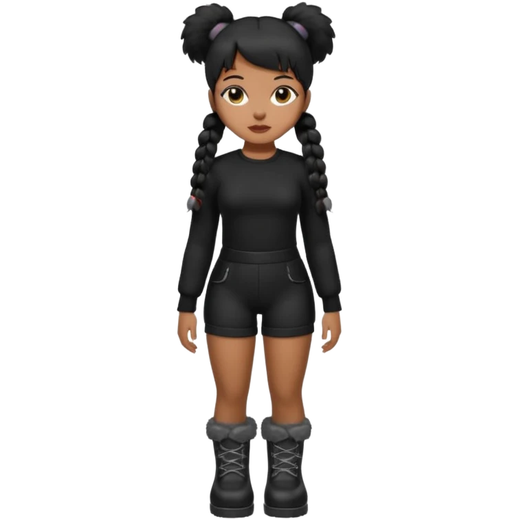 A brown skin thats slim and thick body with black hair into two pigtails and wears all black outfit with gray furry boots  emoji