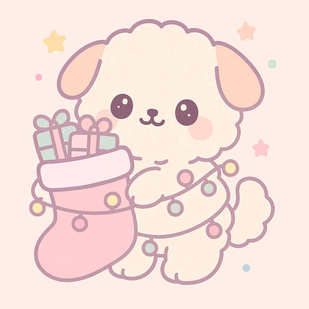 kawaii style fluffy puppy holding a Christmas stocking full of gifts, tangled in fairy lights emoji
