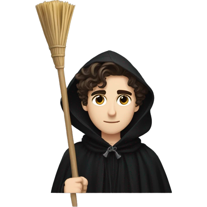 Timothy chalamet dressed in a black cloak a broom emoji