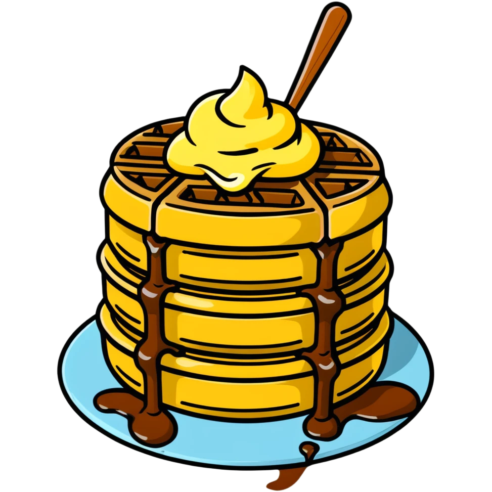 Delicious waffle with syrup dripping and melting butter emoji