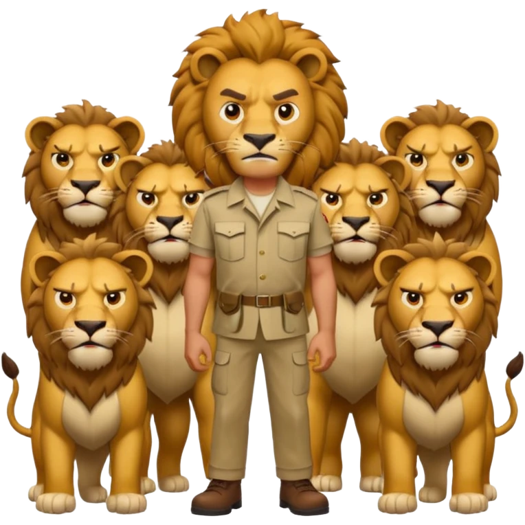a stand man behind a group of  angry lions emoji