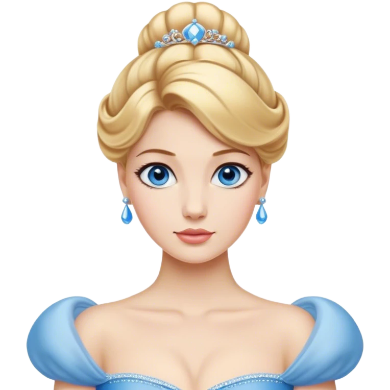 Cinematic Realistic Noble Cinderella Portrait, depicted with porcelain skin rendered in lifelike detail and soft, natural lighting that highlights every delicate nuance. Her intricately styled golden-blonde hair is arranged in an elegant updo, and her deep, expressive blue eyes radiate quiet determination. She wears her classic ball gown with rich fabric textures and delicate folds catching the light beautifully, all set against a subtly glowing, natural background that captures the essence of timeless royal grace. emoji