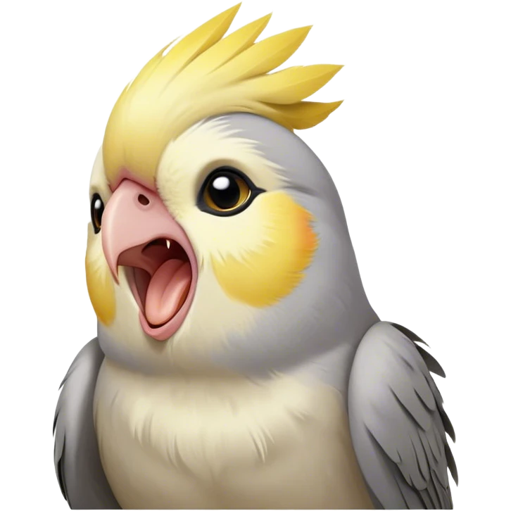 Cinematic Cute Yawning Cockatiel Portrait Emoji, Head tilted slightly with a dramatic, wide-open yawn, showcasing a soft grey fur with subtle yellow accents and gently drooping crest feathers, round dark eyes barely open in drowsy contentment, Simplified yet irresistibly adorable features, highly detailed, glowing with a soft, cozy glow, high shine, relaxed yet expressive, stylized with a touch of whimsy, bright and endearing, soft glowing outline, capturing the essence of a sleepy yet affectionate cockatiel, so drowsy it feels like it could stretch out of the screen and curl up for a nap! emoji