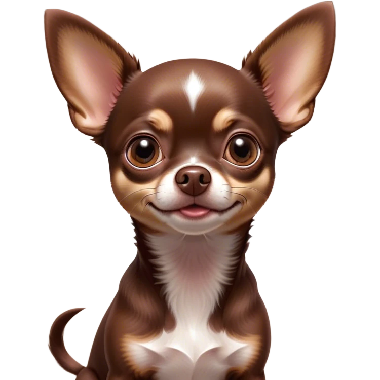 Cinematic Cute Chocolate Short Haired Chihuahua Portrait Emoji, Head tilted playfully and inquisitively, smooth chocolate fur with a lustrous sheen, round, sparkling dark eyes filled with curiosity, Simplified yet irresistibly adorable features, highly detailed, glowing with a warm, friendly glow, high shine, affectionate and lively, stylized with a touch of whimsy, bright and endearing, soft glowing outline, capturing the essence of a mischievous yet loving pup, so playful it feels like it could bound out of the screen and into your arms! emoji