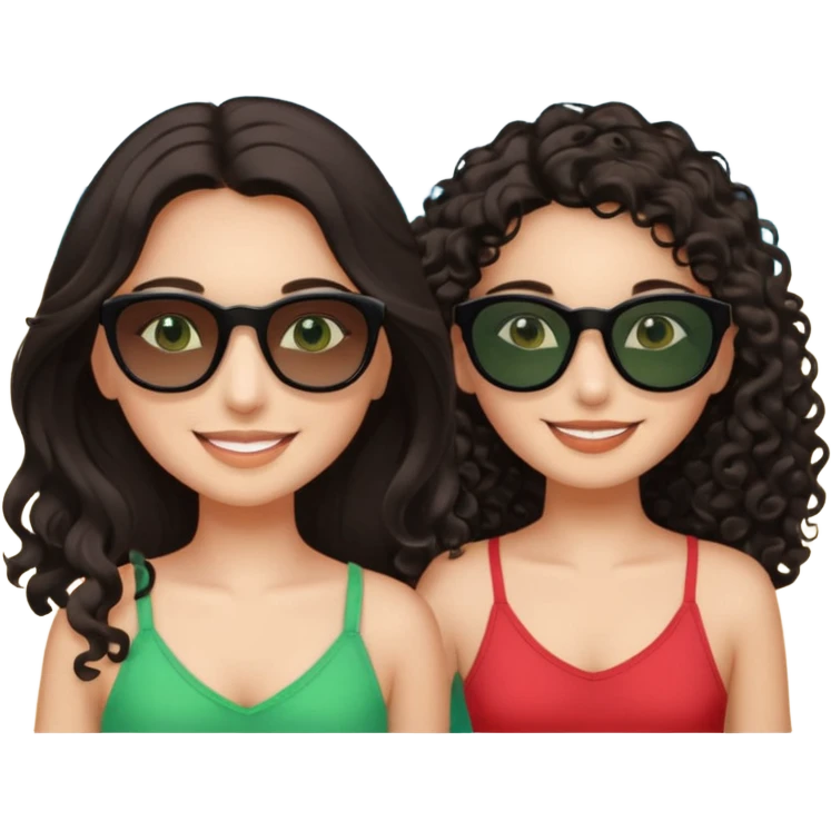 Two besties on the beach, black sunglasses, 1: long ironed straight darkbrown hair, green eyes, 2: long curly darkbrown hair, brown eyes  emoji