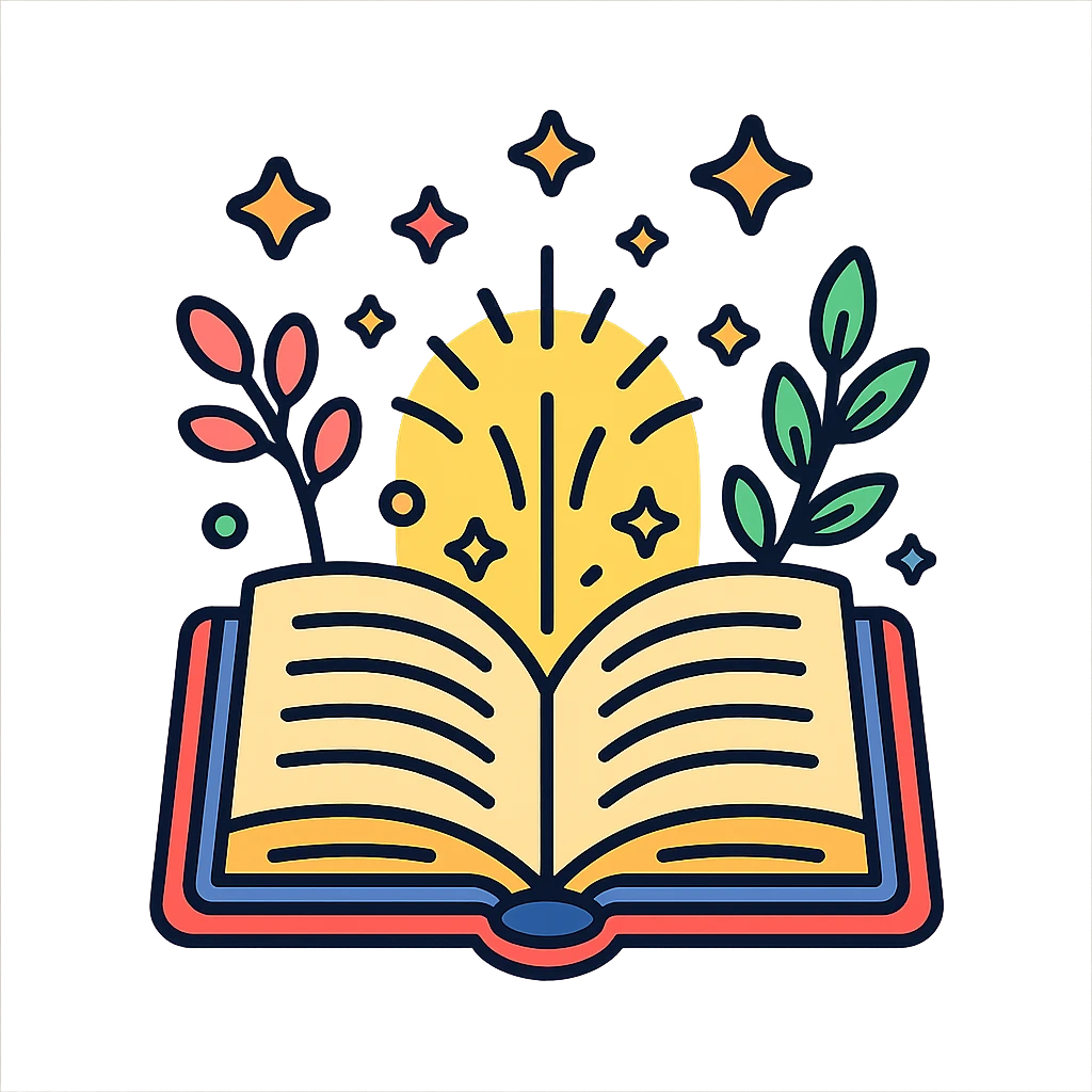 open book with magical light, magical plants and stars around the book, shadows and highlights, colorful outlines emoji