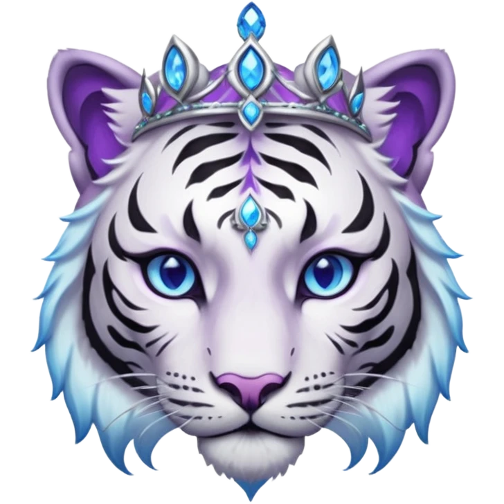 ESO Female white/black tiger khajiit leader of the umbral rose, glowing blue eyes, glowing blue 'third eye' gem; beautiful desined purple gemmed silver tiara emoji