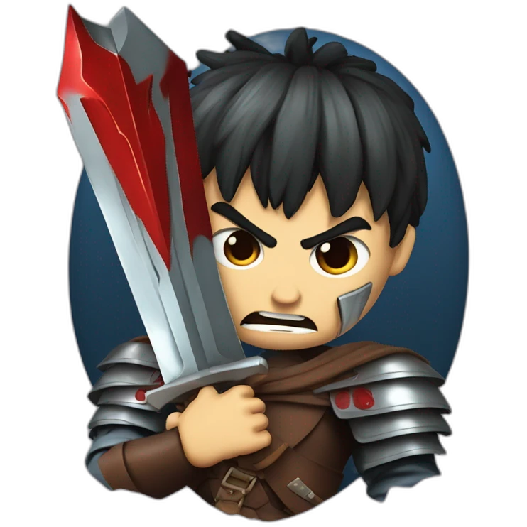 angry berserk guts carrying a huge sword on his shoulder framed on his bust emoji