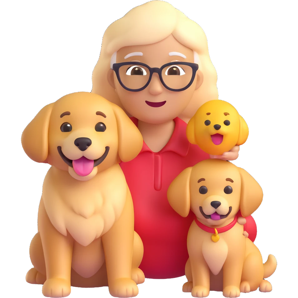 Combine the grandmother emoji and the golden retriever emoji together in one image, keeping both exactly as they are in their original 3D emoji style with a transparent background. emoji