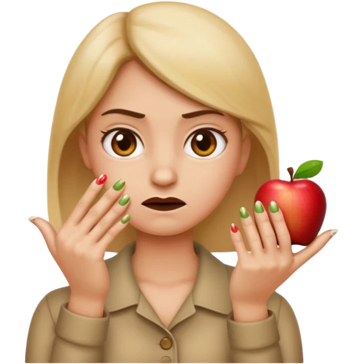 emoji face inspecting its fingernails with annoyed expression, focus on nails, apple emoji style emoji