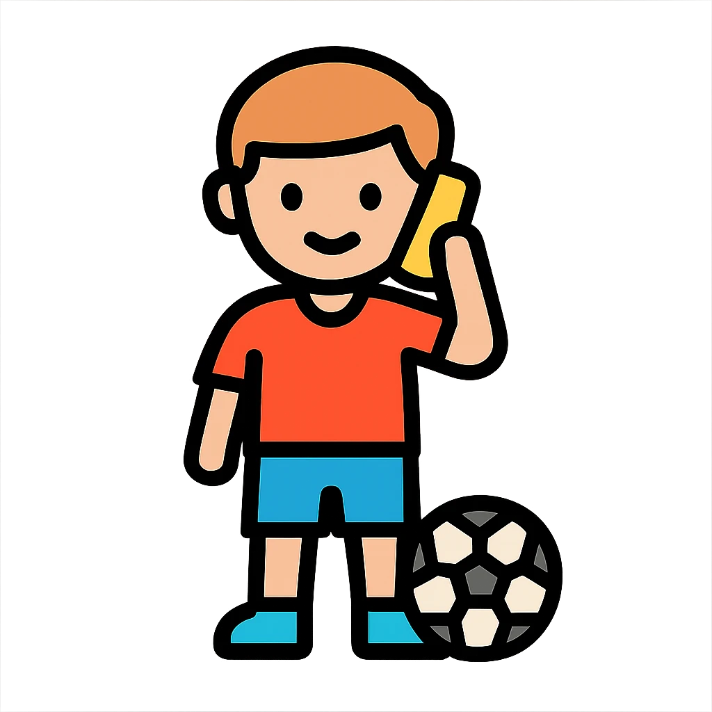 a boy on the phone with a football at his feet, playful, color outline style emoji