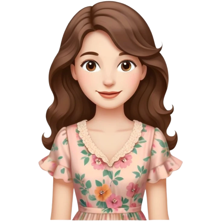 A close-up portrait of an elegant woman with long, wavy brown hair and soft makeup. She has a serene smile and is wearing a vintage floral dress, with a soft, pastel-colored background. emoji