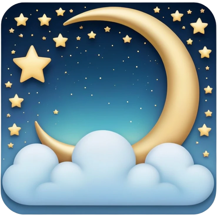 minimalist emoji style icon of a picture frame with a dreamy night sky inside, stars, crescent moon, gentle cloud, pastel color palette, clean lines, subtle gold accent for inspiration emoji