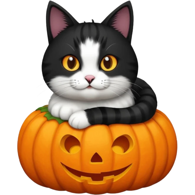 Fluffy black and white cat in a pumpkin emoji