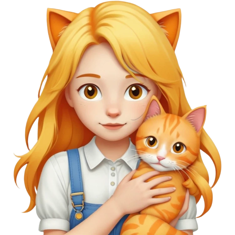 Caucasian girl - long yellow hair - white suspenders - hugging - a orange cat emoji
