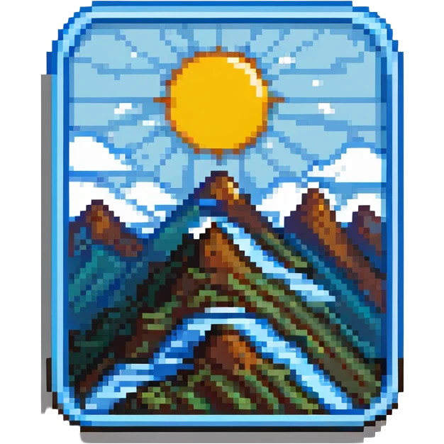 A pixel art icon with a blue rectangle, rounded corners, white sub-rectangle with black border, black mountains, sun, and four blue stripes. emoji
