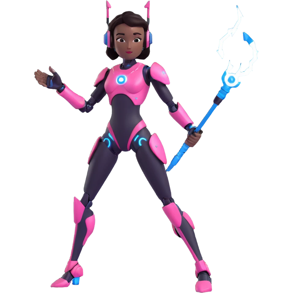 sleek, shiny emoji style: slim black female robot, confident pose, small ear pieces, holding a blue lightning whip, pink hex pattern on thighs and biceps, rest of body glossy black emoji