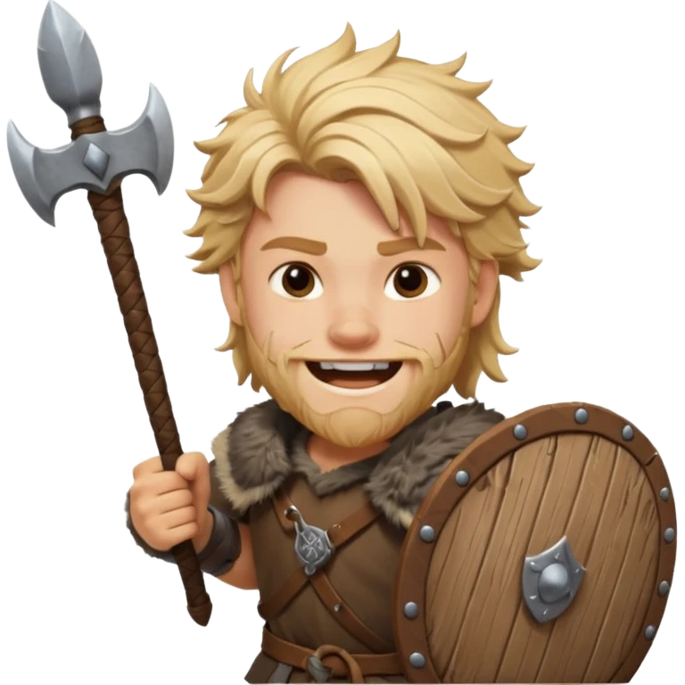 A young Viking warrior with messy blond hair, wooden shield, and fierce excited grin.
 emoji