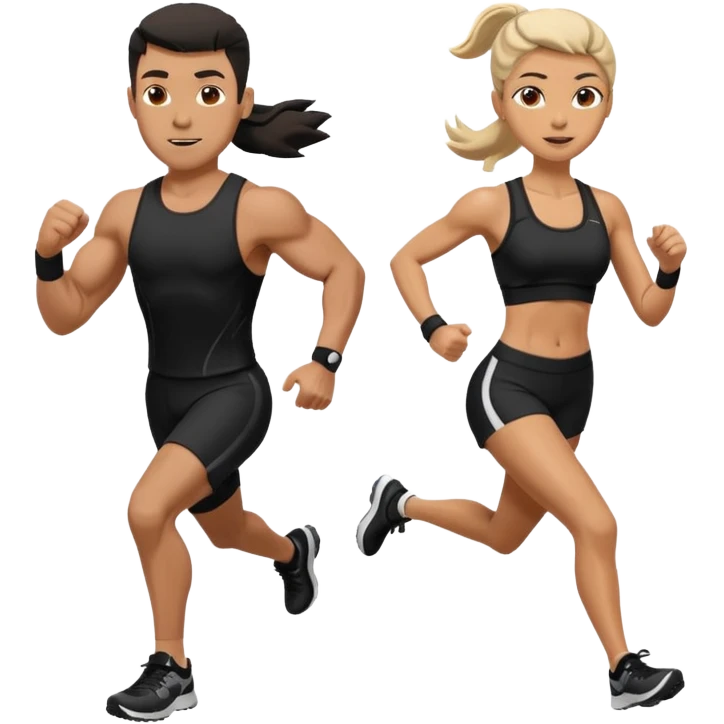 A muscled man and woman running a HYROX race in black fitness gear emoji