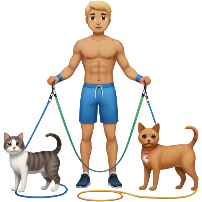 man standing on resistance band  with cat plus dog emoji
